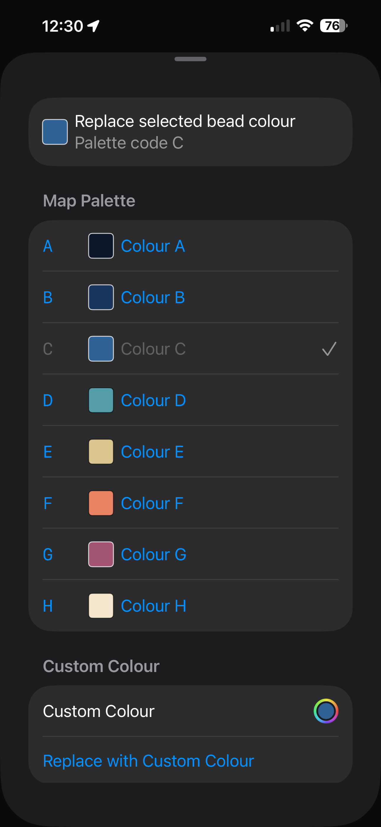 Beadly on iPhone showing palette and color workflow controls